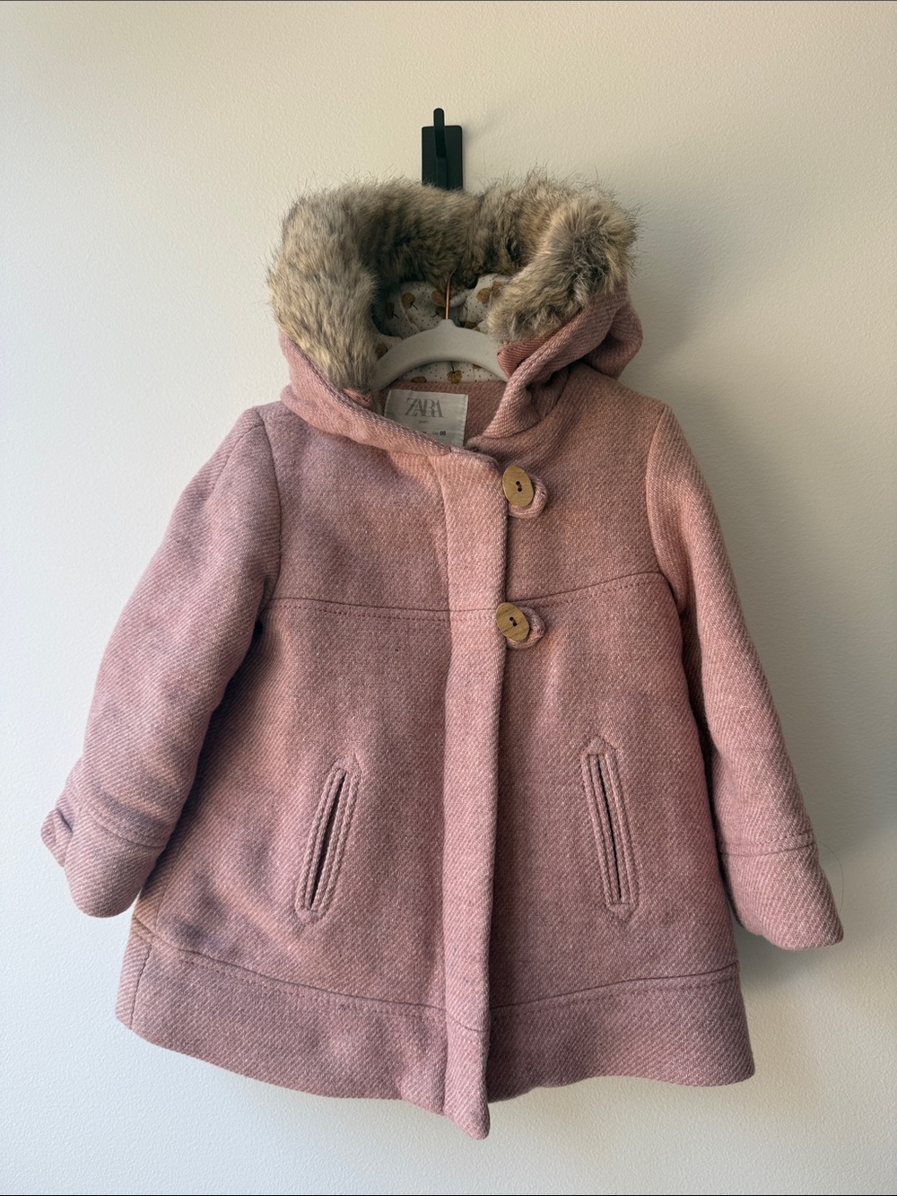 Zara Girl’s Size 2-3T Dusty Pink Hooded Wool-Blend Pea Coat with Faux Fur Trim